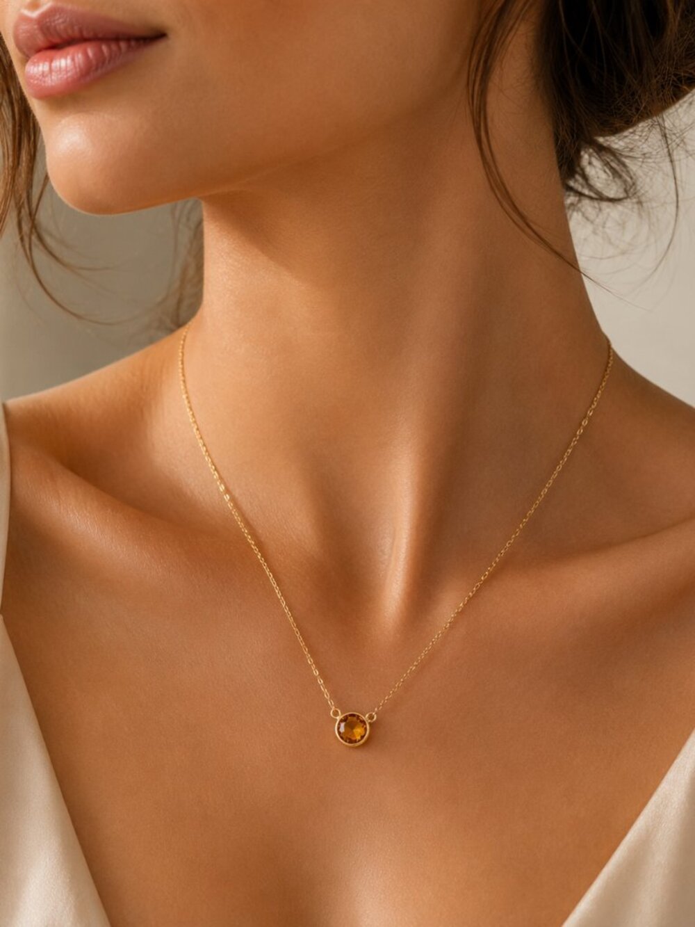 14K Yellow Gold Round Citrine Bezel Necklace 17 Inch
